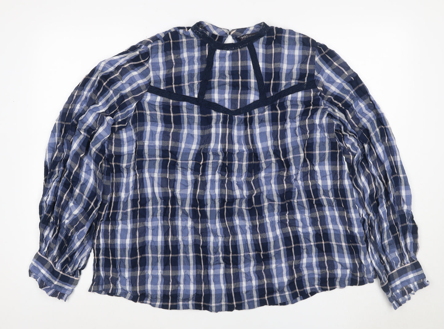 Marks & Spencer Women Blue Check Viscose Long Sleeve Blouse UK 16