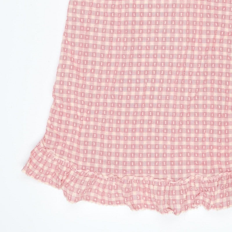 Marks and Spencer Women Pink Check Tie Strap Ruffle Shift Dress UK 8