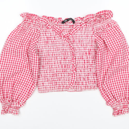 Zara Women Pink XS Gingham Cropped Smocked Ruffle Blouse