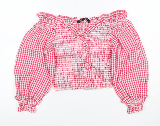 Zara Women Pink XS Gingham Cropped Smocked Ruffle Blouse