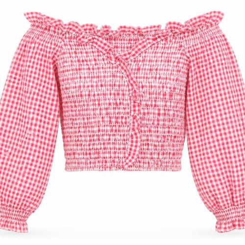 Zara Women Pink XS Gingham Cropped Smocked Ruffle Blouse