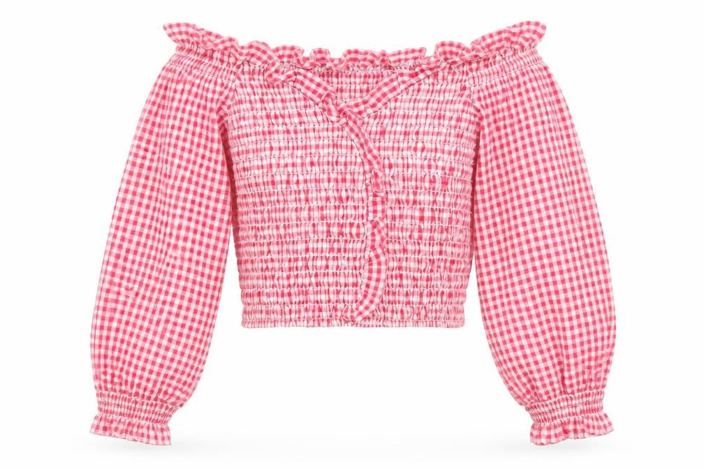 Zara Women Pink XS Gingham Cropped Smocked Ruffle Blouse