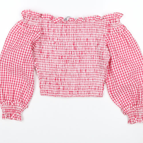 Zara Women Pink XS Gingham Cropped Smocked Ruffle Blouse