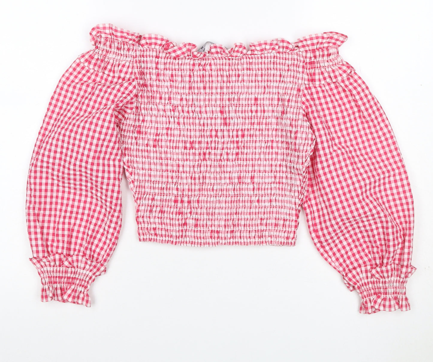 Zara Women Pink XS Gingham Cropped Smocked Ruffle Blouse