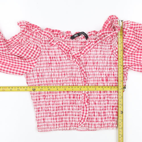Zara Women Pink XS Gingham Cropped Smocked Ruffle Blouse