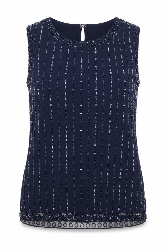 Front view of Klass Women’s Blue M Beaded Sequin Sleeveless Party Tank Top