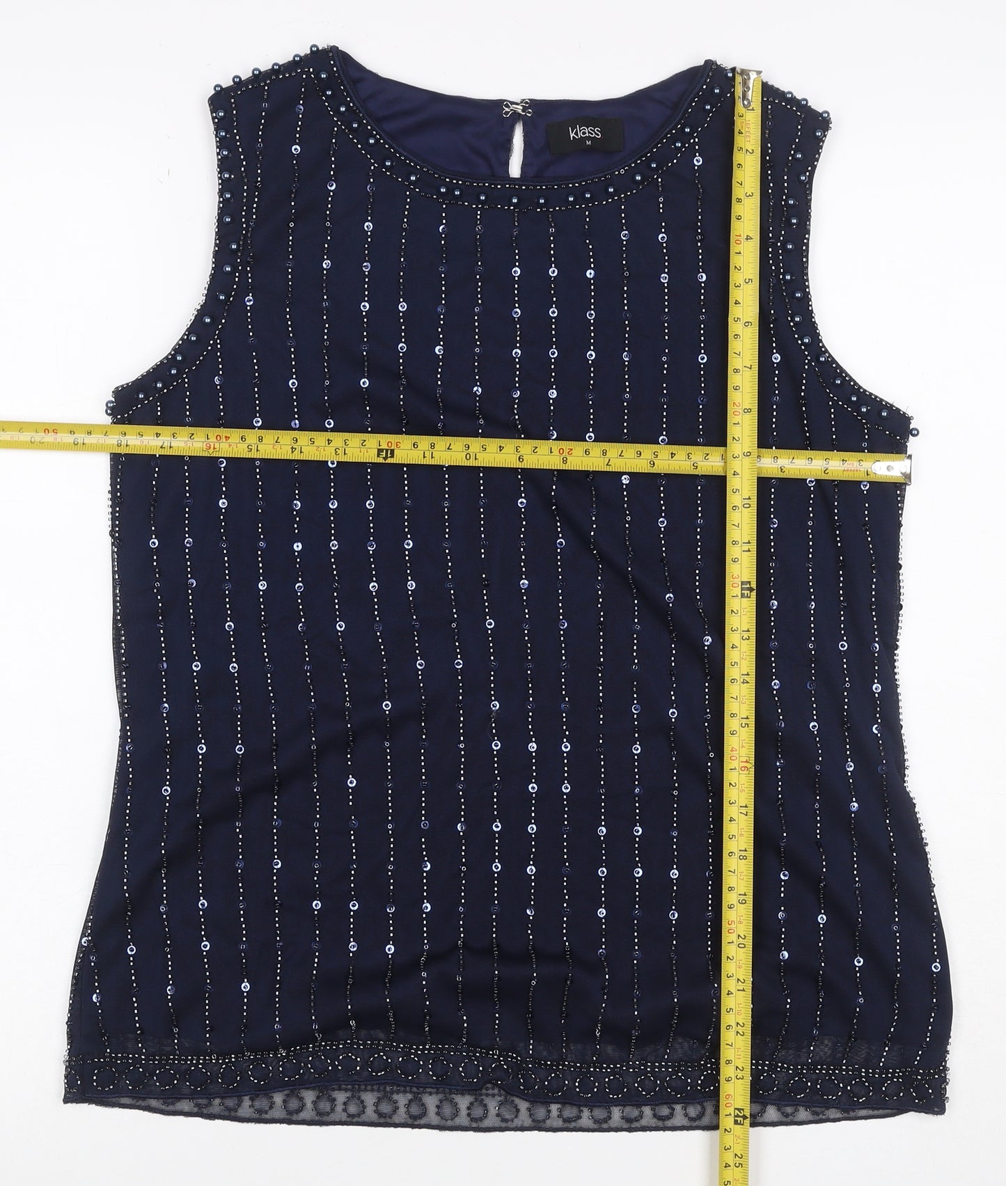 Klass Women’s Blue M Beaded Sequin Sleeveless Party Tank Top