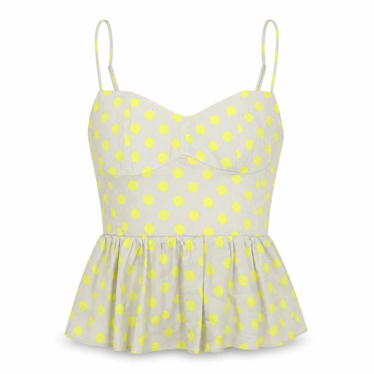 Front view of Zara Women Beige Yellow Polka Dot Sheer Peplum Blouse, size S