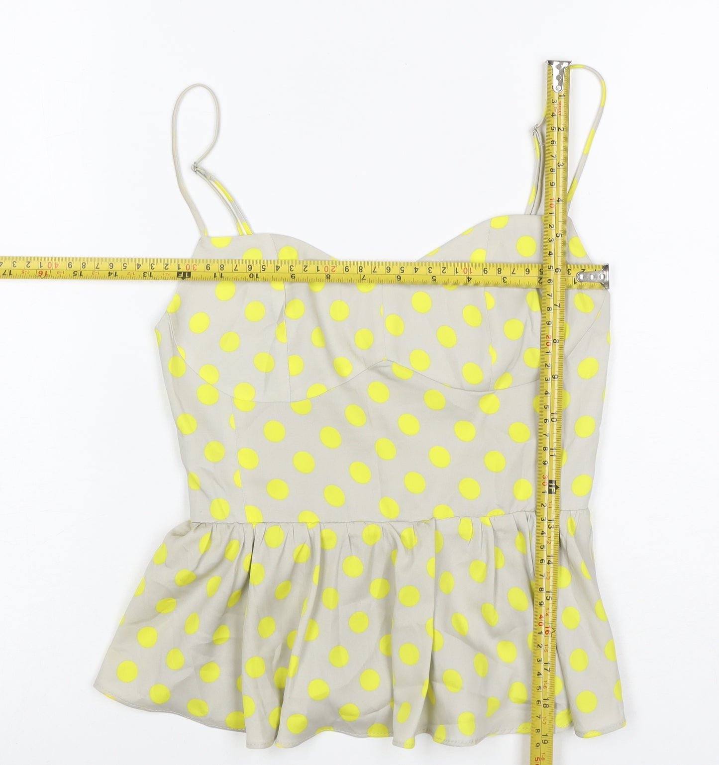 Zara Women Beige Yellow Polka Dot Sheer Peplum Blouse Size S