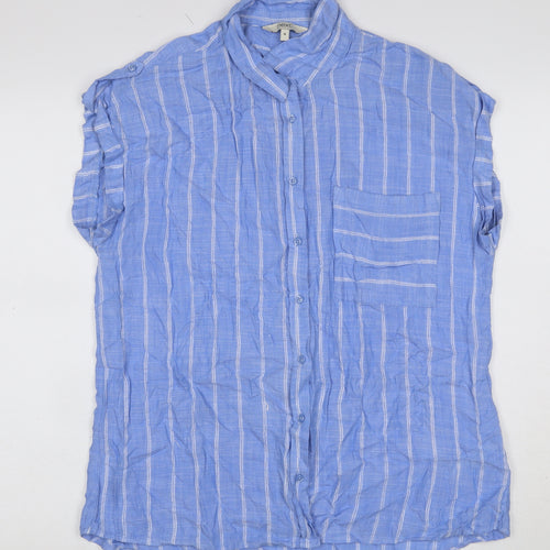 Next Women Blue Stripe Linen Button-Up Cap Sleeve Blouse UK 16