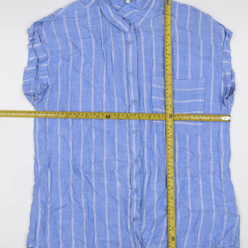 Next Women Blue Stripe Linen Button-Up Cap Sleeve Blouse UK 16