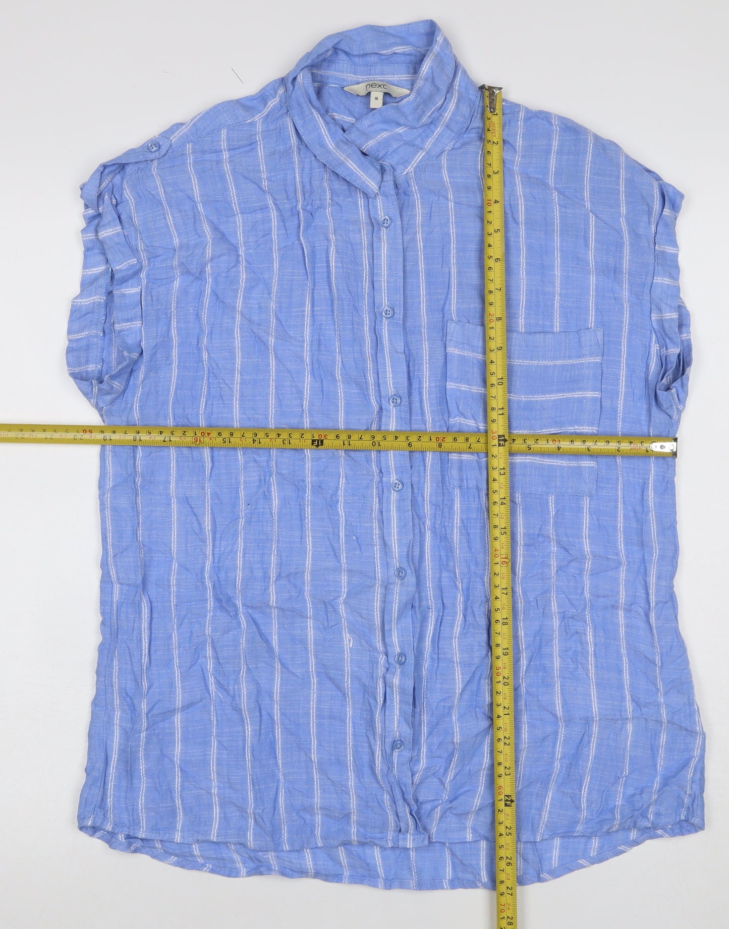 Next Women Blue Stripe Linen Button-Up Cap Sleeve Blouse UK 16