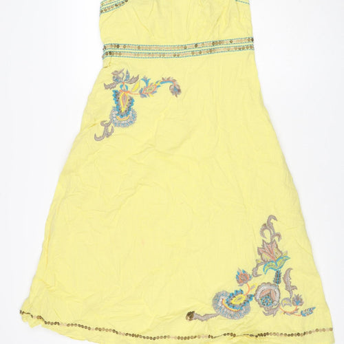 Monsoon Women Yellow UK 10 A-Line Short Cotton Embroidered Dress