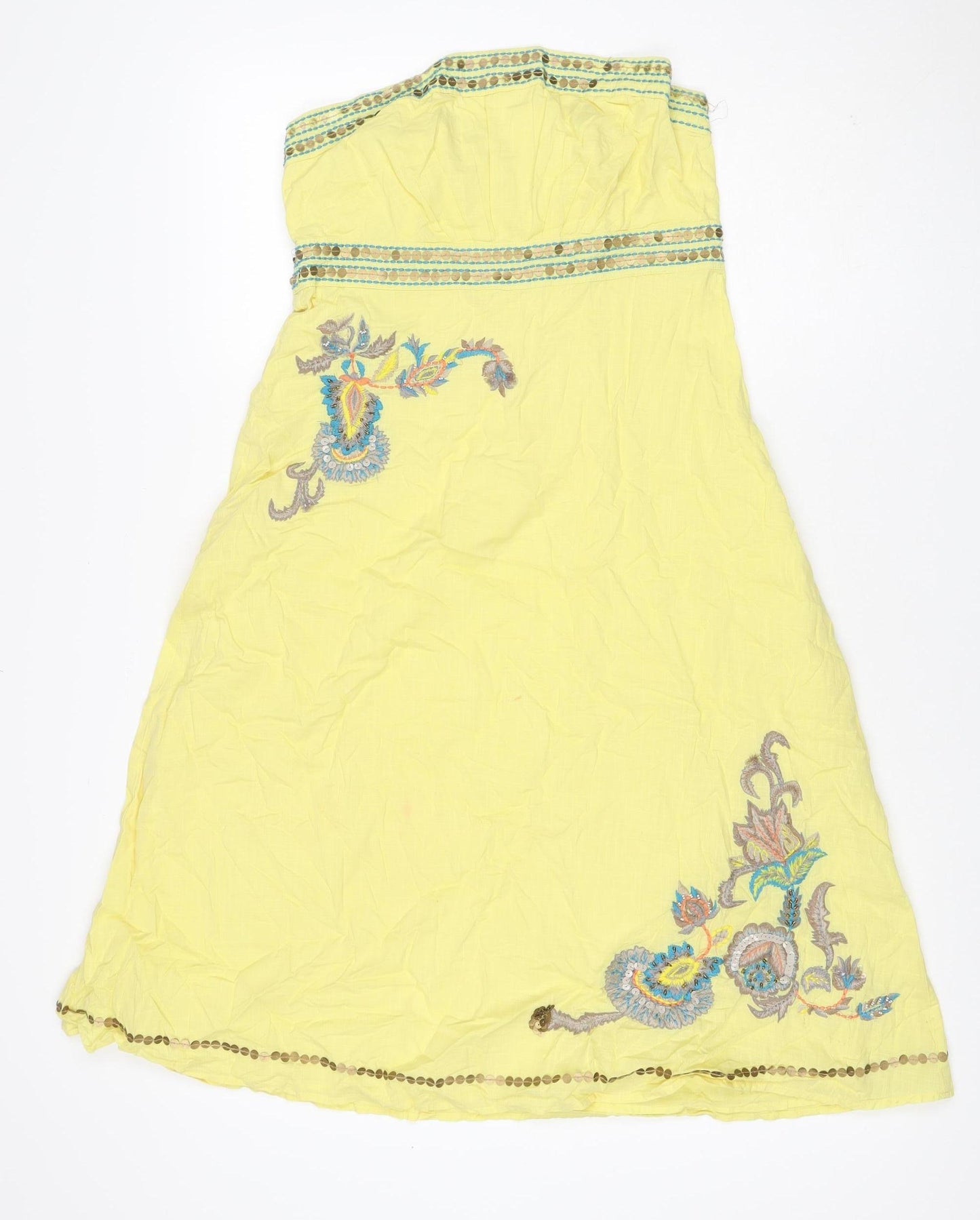 Monsoon Women Yellow UK 10 A-Line Short Cotton Embroidered Dress