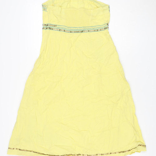 Monsoon Women Yellow UK 10 A-Line Short Cotton Embroidered Dress