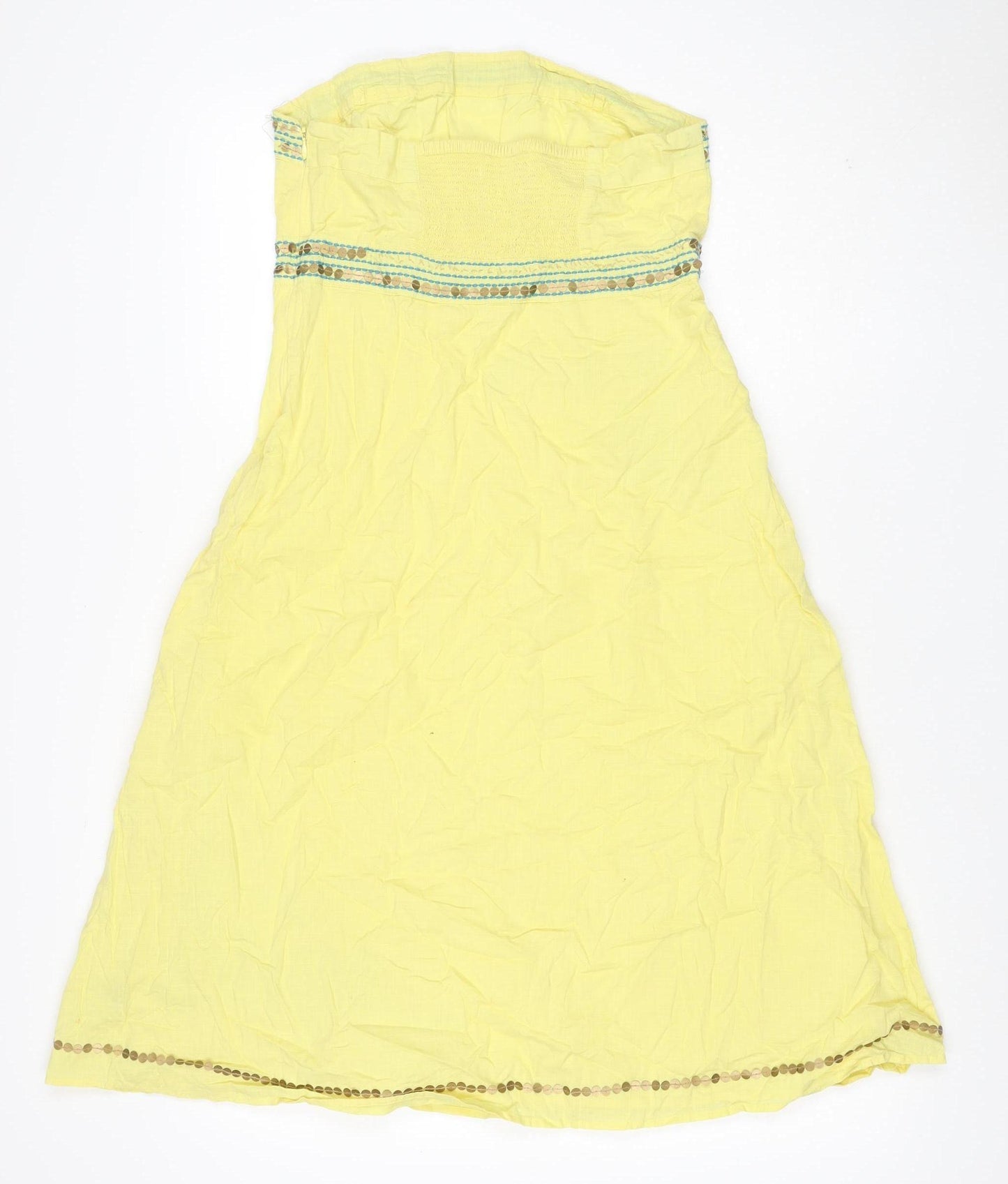 Monsoon Women Yellow UK 10 A-Line Short Cotton Embroidered Dress