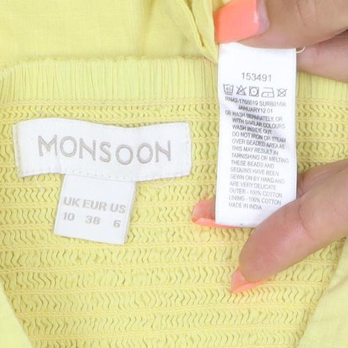 Monsoon Women Yellow UK 10 A-Line Short Cotton Embroidered Dress
