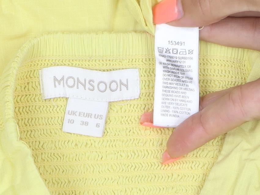 Monsoon Women Yellow UK 10 A-Line Short Cotton Embroidered Dress
