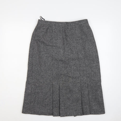 St Michael Women Grey Wool Herringbone Pleated A-Line Midi Skirt UK 16