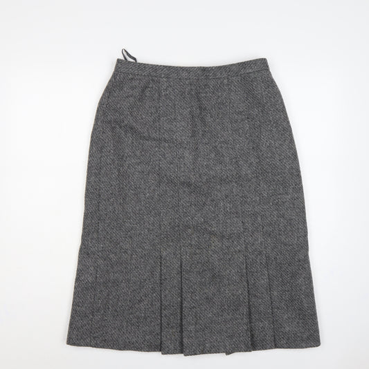 St Michael Women Grey Wool Herringbone Pleated A-Line Midi Skirt UK 16
