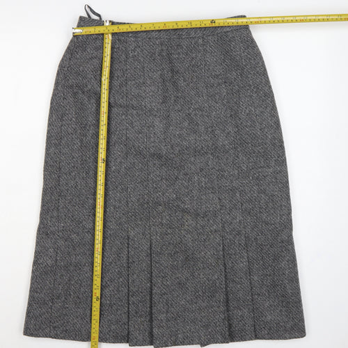 St Michael Women Grey Wool Herringbone Pleated A-Line Midi Skirt UK 16
