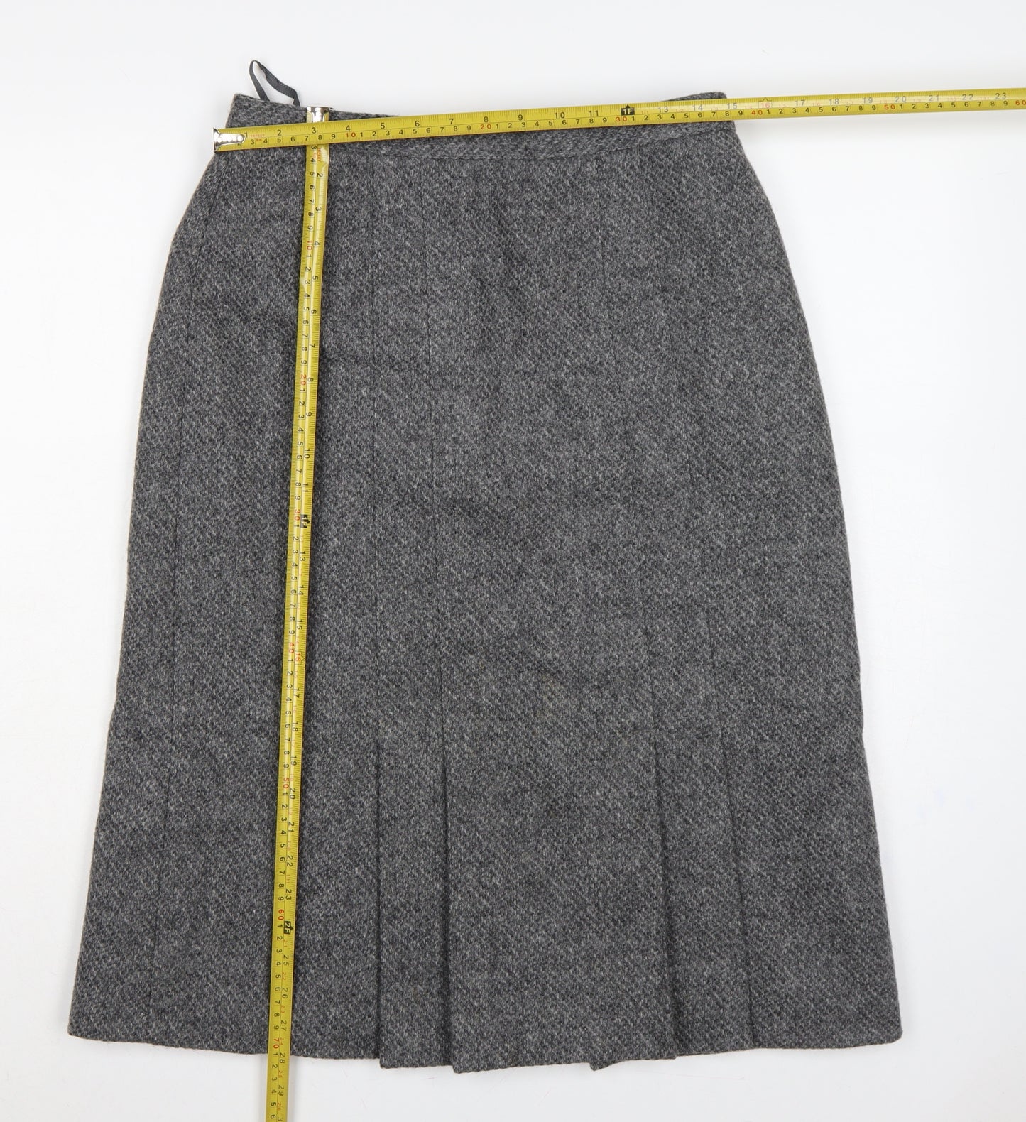 St Michael Women Grey Wool Herringbone Pleated A-Line Midi Skirt UK 16