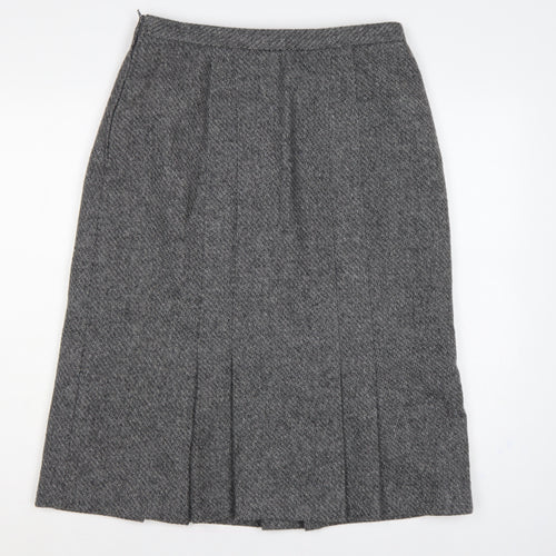 St Michael Women Grey Wool Herringbone Pleated A-Line Midi Skirt UK 16