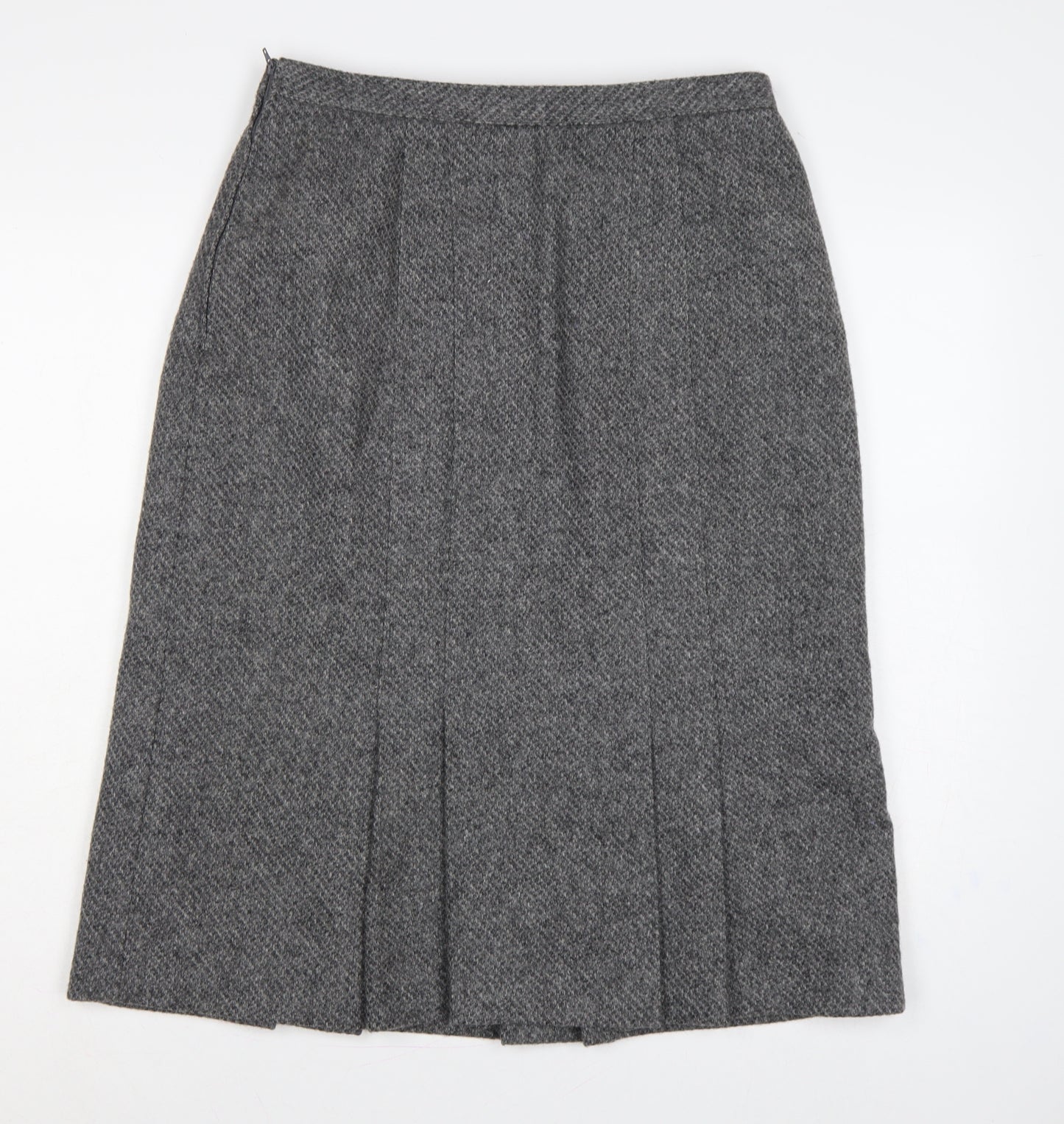 St Michael Women Grey Wool Herringbone Pleated A-Line Midi Skirt UK 16