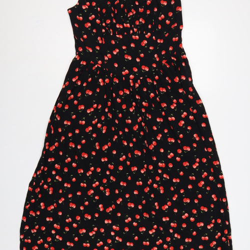M&S Women Black Cherry Print UK 12 Long Fit & Flare Dress