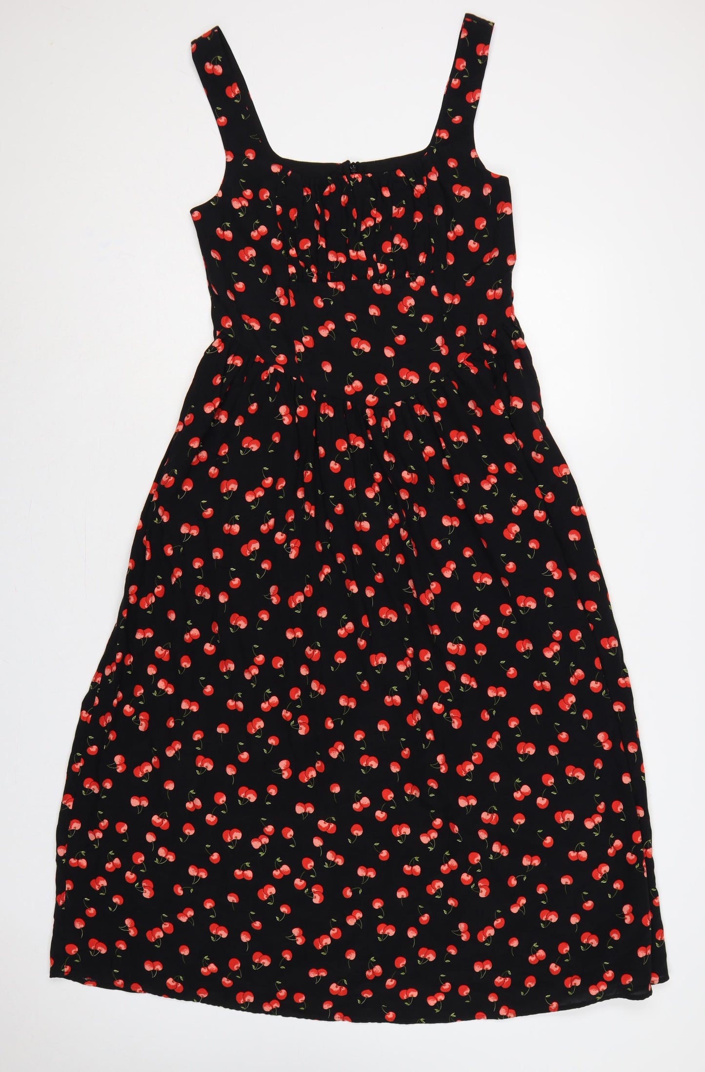 M&S Women Black Cherry Print UK 12 Long Fit & Flare Dress