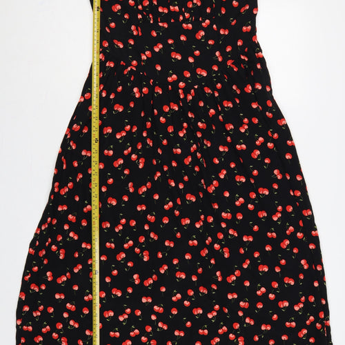 M&S Women Black Cherry Print UK 12 Long Fit & Flare Dress