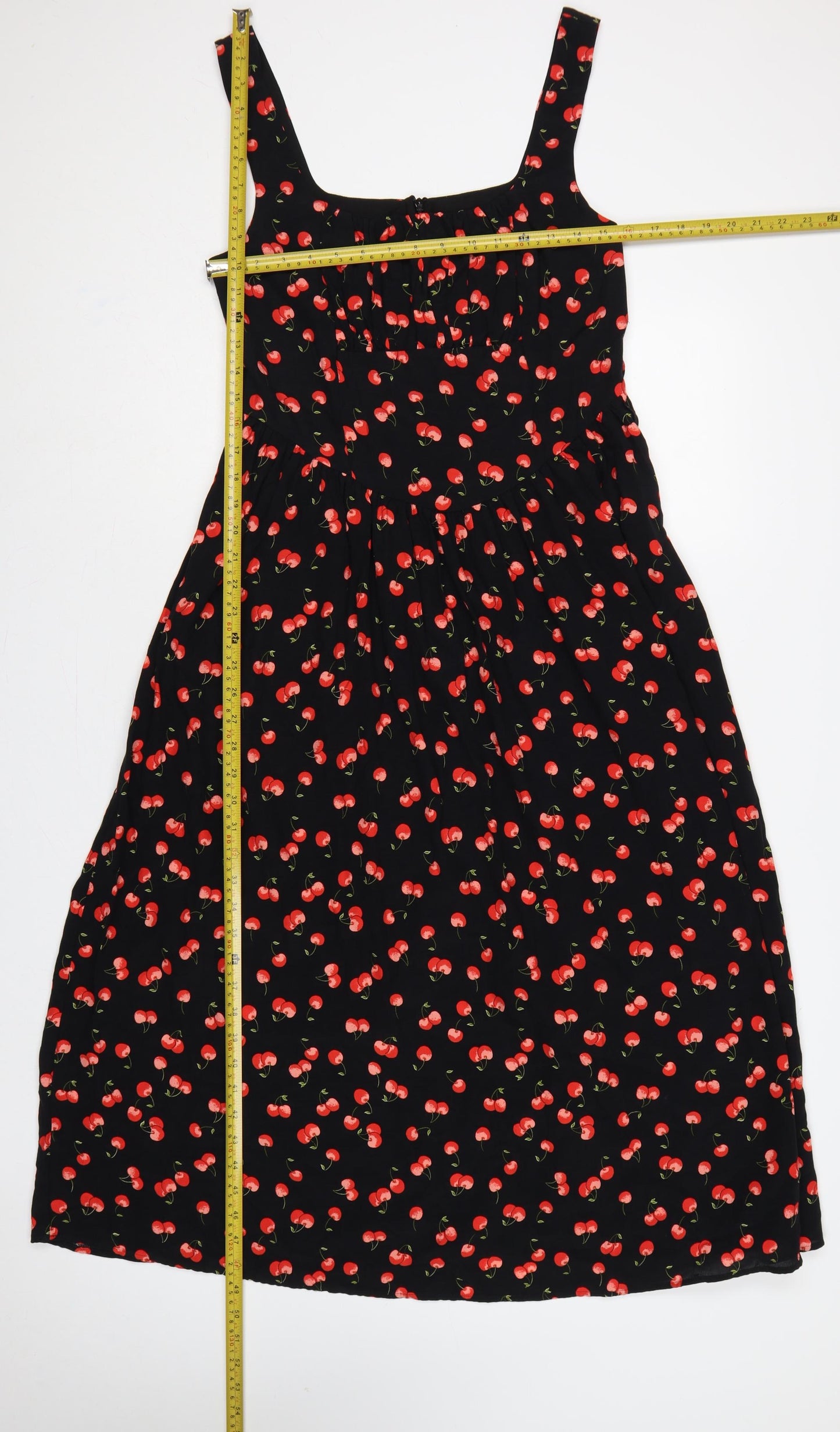 M&S Women Black Cherry Print UK 12 Long Fit & Flare Dress