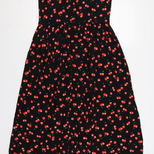 M&S Women Black Cherry Print UK 12 Long Fit & Flare Dress