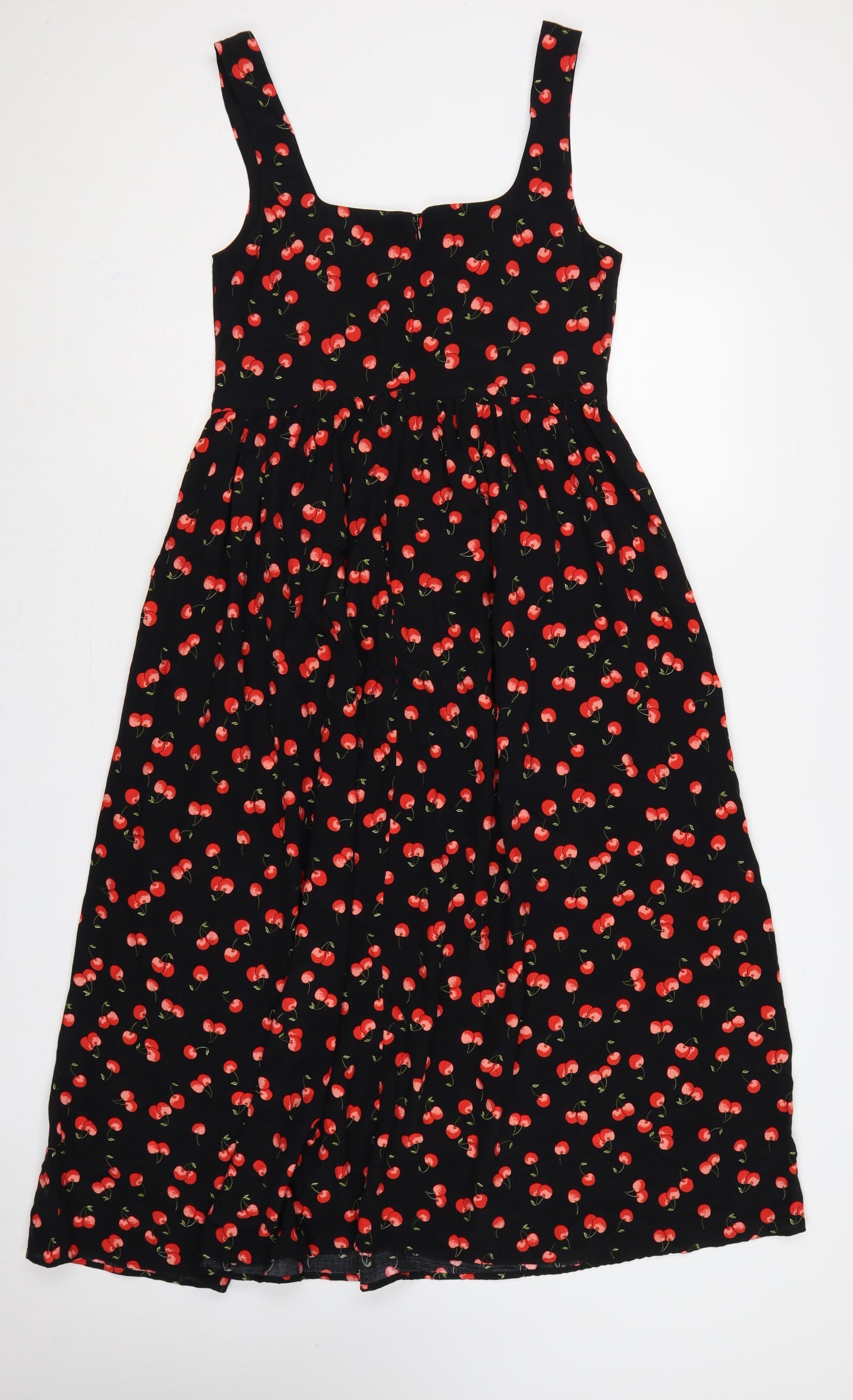 M&S Women Black Cherry Print UK 12 Long Fit & Flare Dress