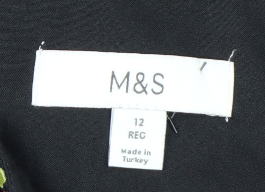 M&S Women Black Cherry Print UK 12 Long Fit & Flare Dress