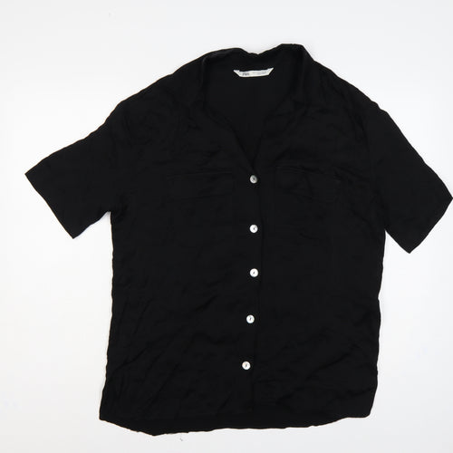 Zara Women Black L Viscose Short Sleeve Collared Button-Up Blouse