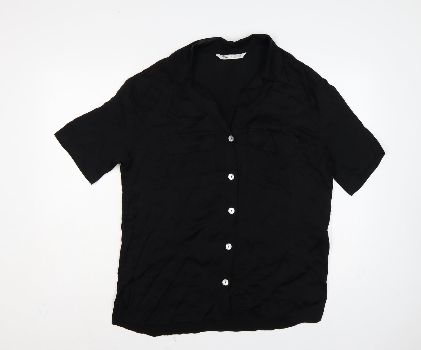 Zara Women Black L Viscose Short Sleeve Collared Button-Up Blouse