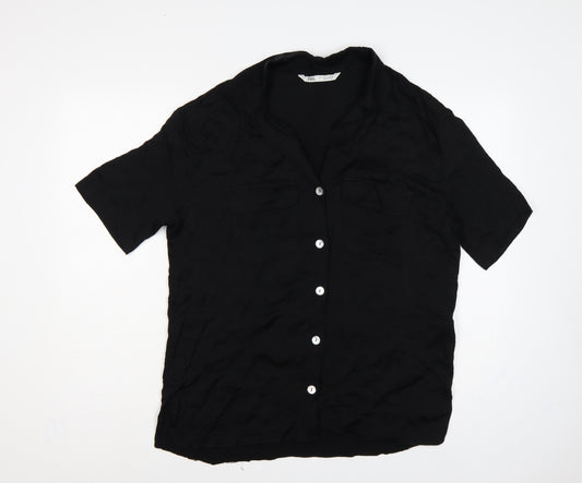 Zara Women Black L Viscose Short Sleeve Collared Button-Up Blouse