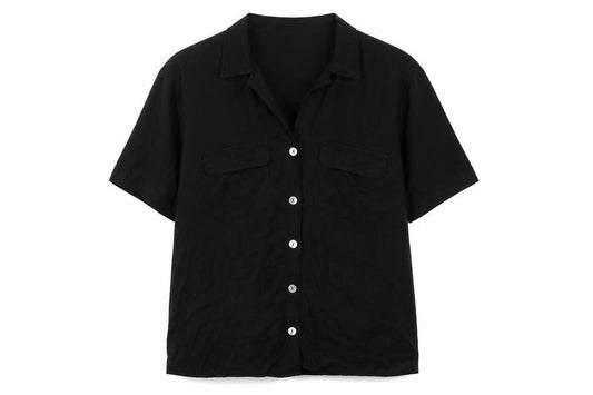 Front view of Zara Women Black L Viscose Short Sleeve Collared Button-Up Blouse