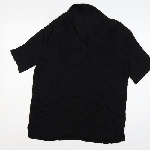 Zara Women Black L Viscose Short Sleeve Collared Button-Up Blouse