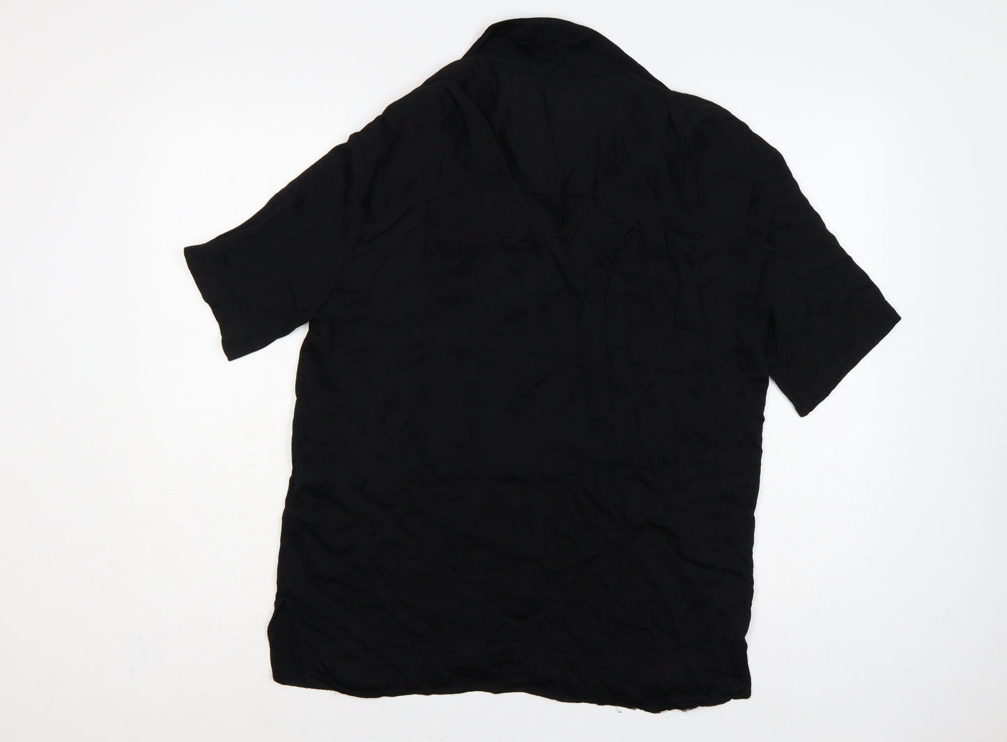 Zara Women Black L Viscose Short Sleeve Collared Button-Up Blouse