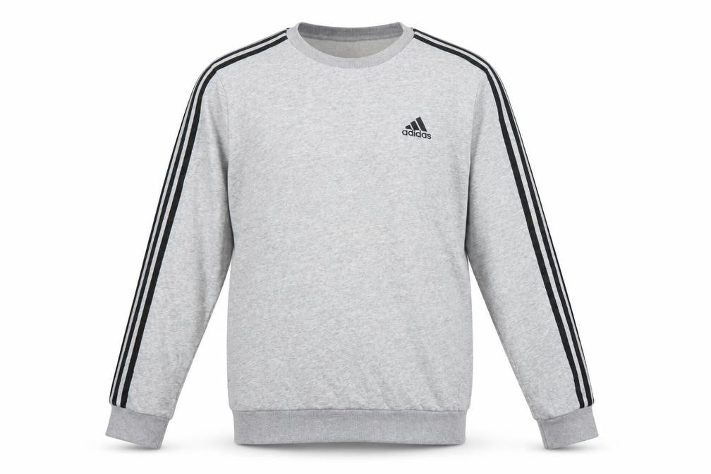 Front view of Adidas Men’s Grey M Crew Neck 3 Stripe Logo Pullover Sweatshirt