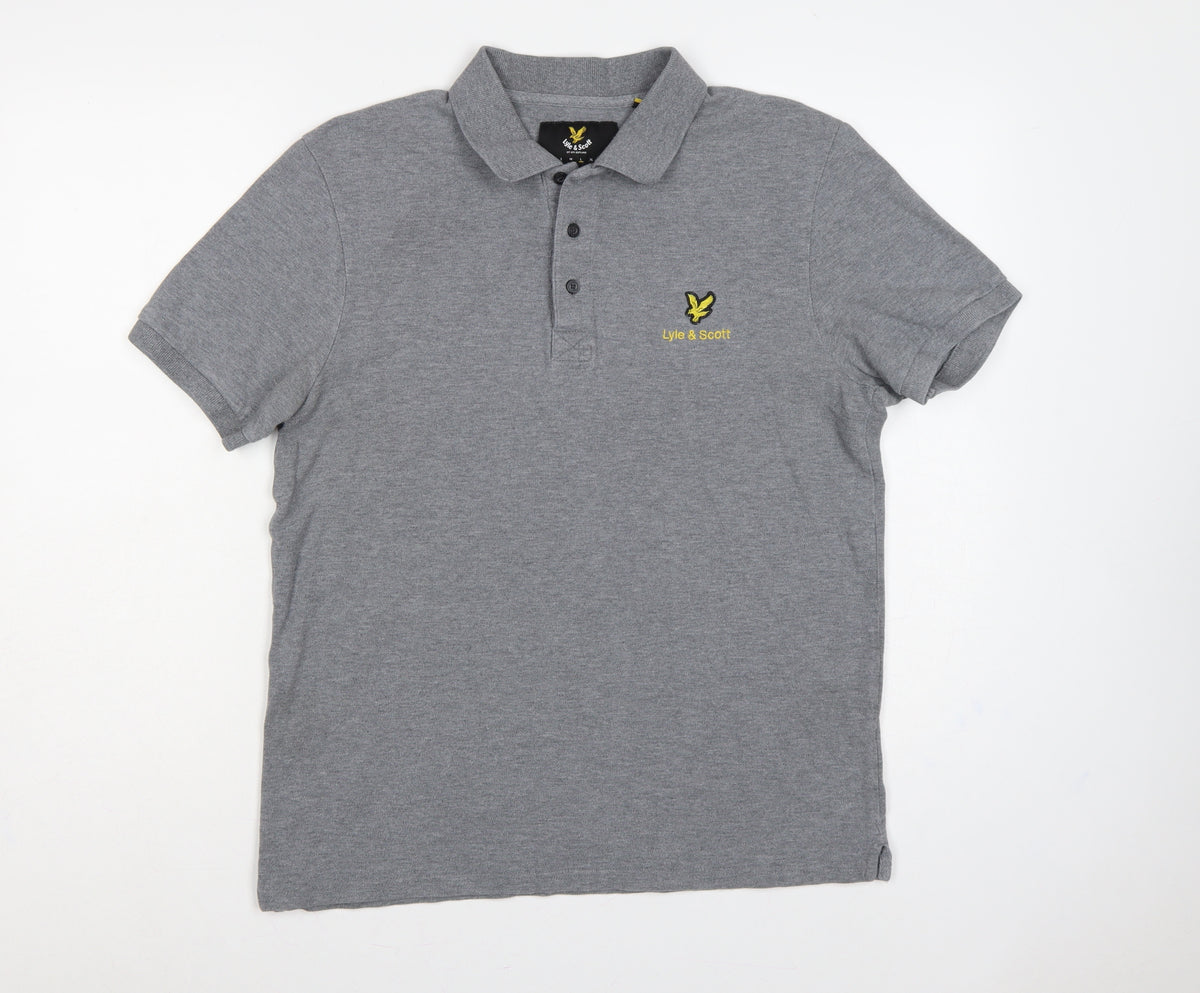 Back view of Lyle & Scott men’s grey logo short sleeve polo shirt, size L
