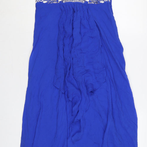 Monsoon Women Blue Silk UK 12 Maxi Beaded V-Neck Formal Dress