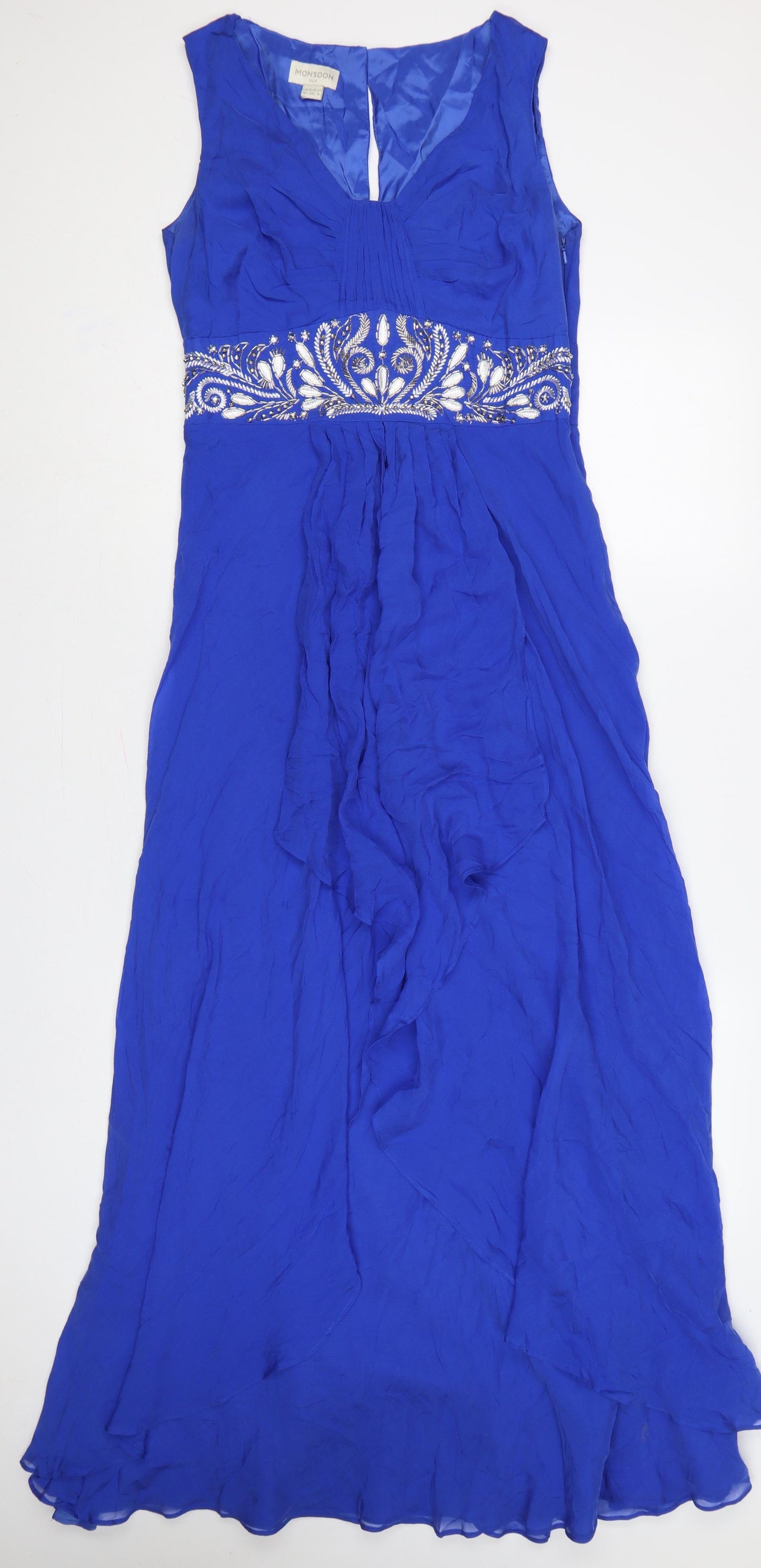 Monsoon Women Blue Silk UK 12 Maxi Beaded V-Neck Formal Dress