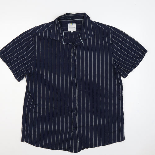 Larsson & Co Men Blue XL Striped Cotton Short Sleeve Button-Up Shirt