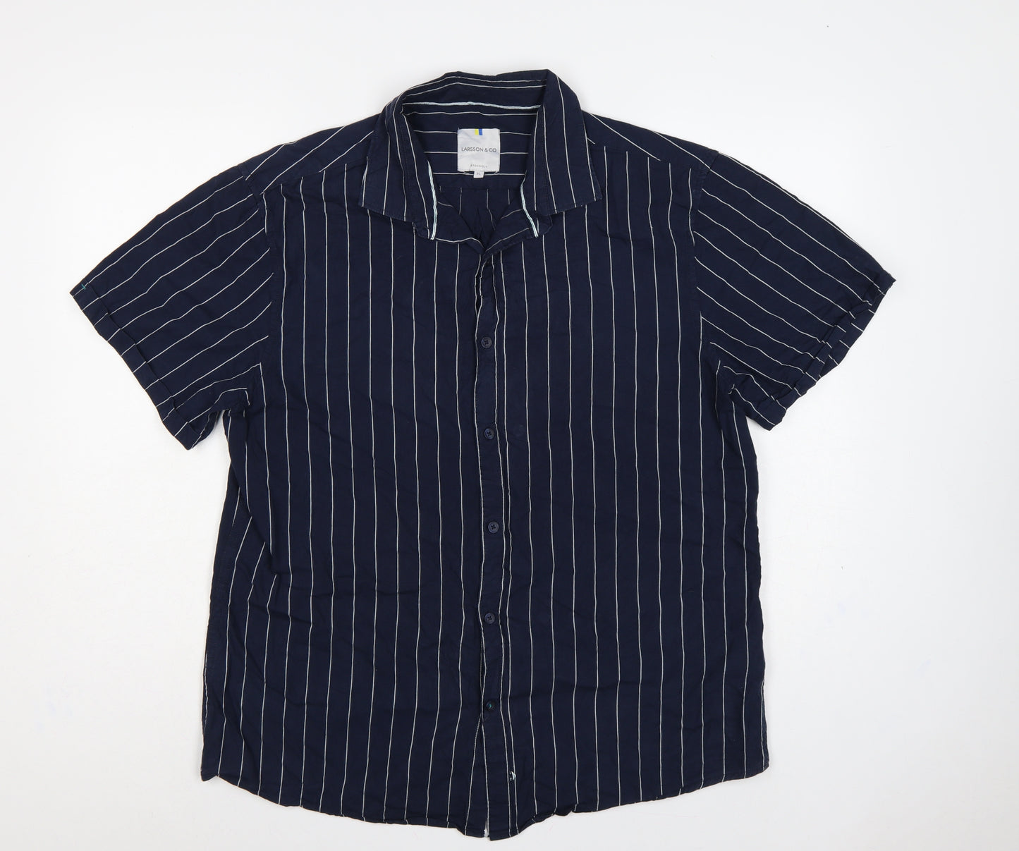 Larsson & Co Men Blue XL Striped Cotton Short Sleeve Button-Up Shirt
