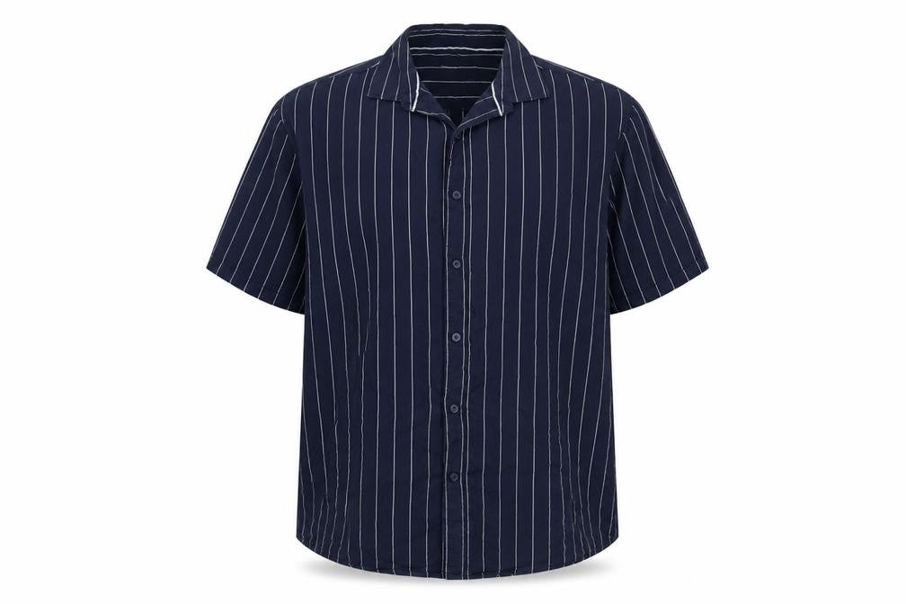 Larsson & Co Men Blue XL Striped Cotton Short Sleeve Button-Up Shirt
