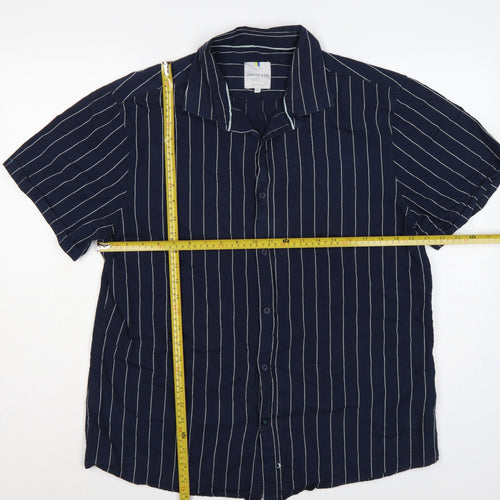Larsson & Co Men Blue XL Striped Cotton Short Sleeve Button-Up Shirt