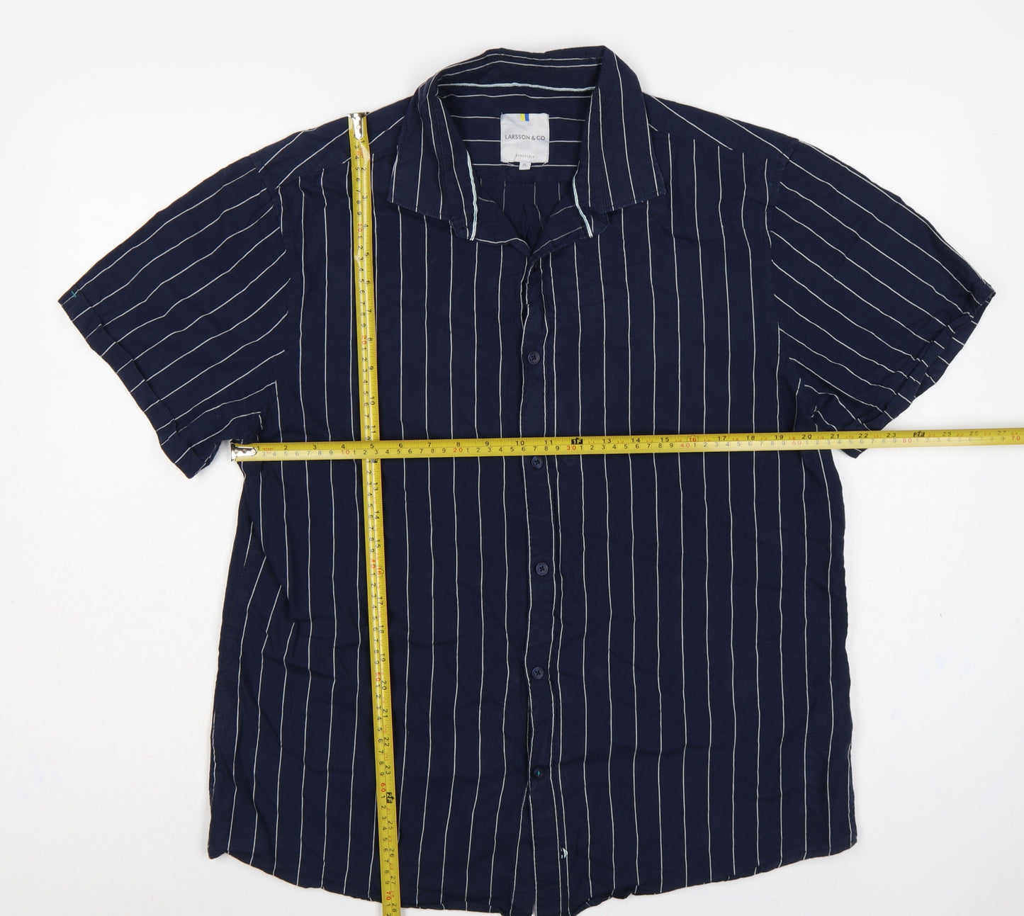 Larsson & Co Men Blue XL Striped Cotton Short Sleeve Button-Up Shirt